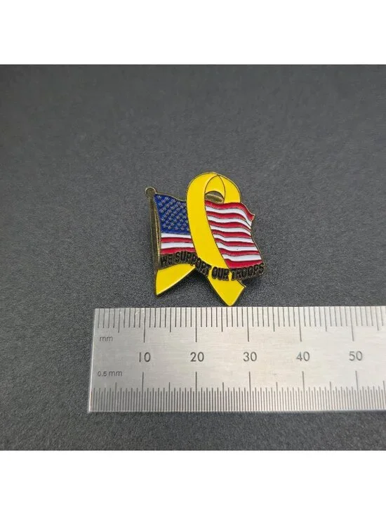 Support Our Troops Yellow Ribbon & US Flag Enamel Lapel Pin A7355 - Picture 4 of 5
